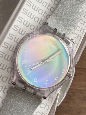 Swatch Holographic 2016 Pink Green Analog Dial Transparent Case SPOK SUOK116